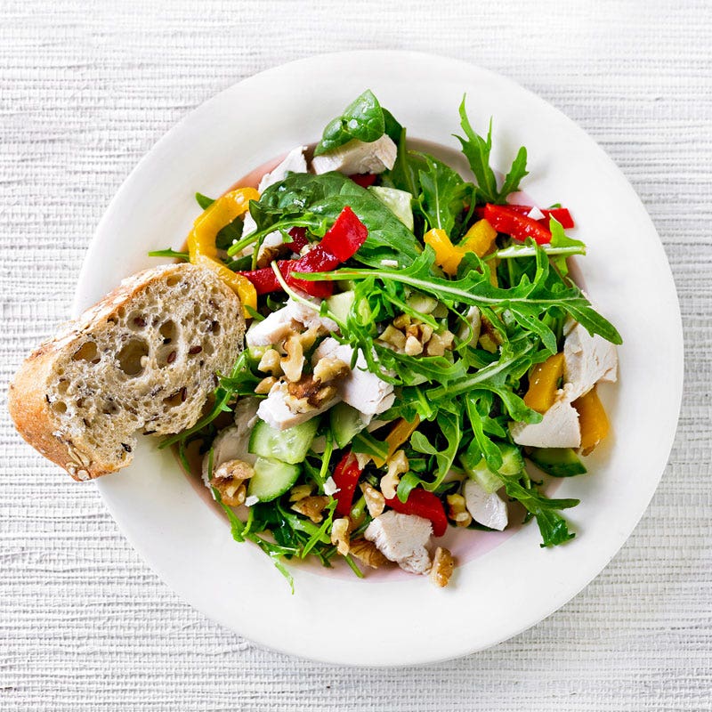 Chopped chicken, roasted capsicum, walnut and rocket salad