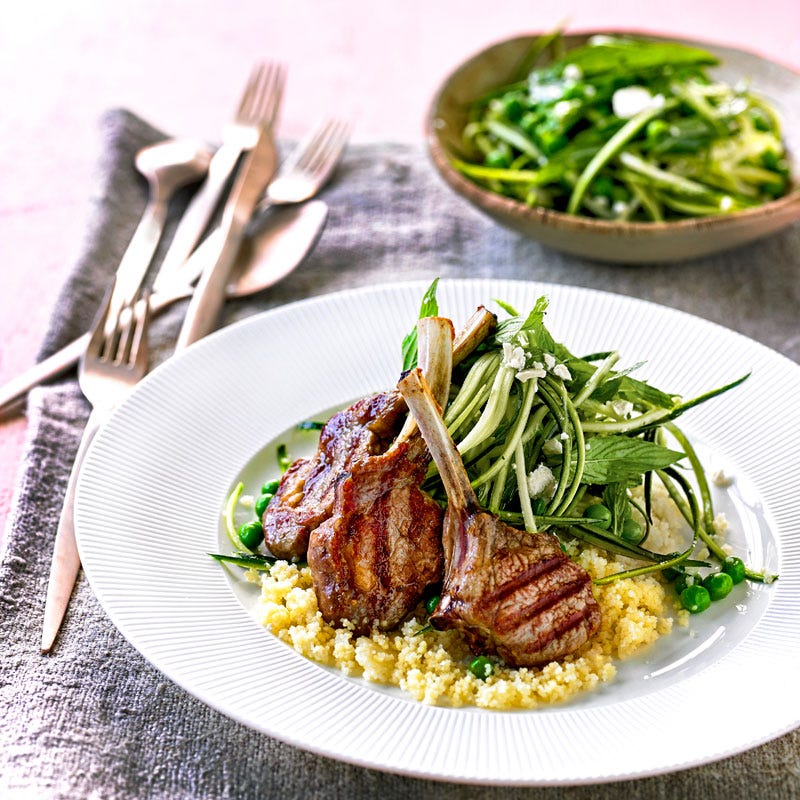 Photo of Lamb cutlets with zucchini, pea, mint and feta salad by WW