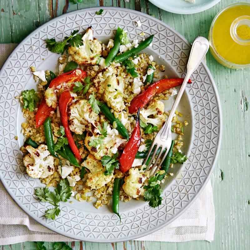 Warm cauliflower, freekeh, feta and green bean salad