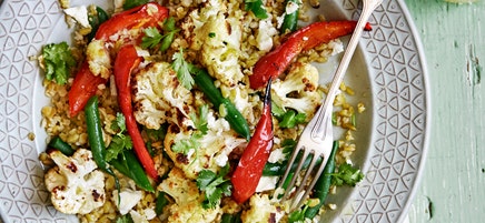 Warm cauliflower, freekeh, feta and green bean salad
