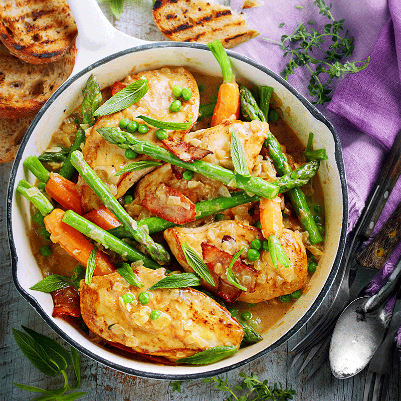 Braised chicken with garden veggies and mint