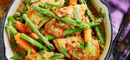 Braised chicken with garden veggies and mint