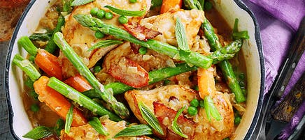 Braised chicken with garden veggies and mint