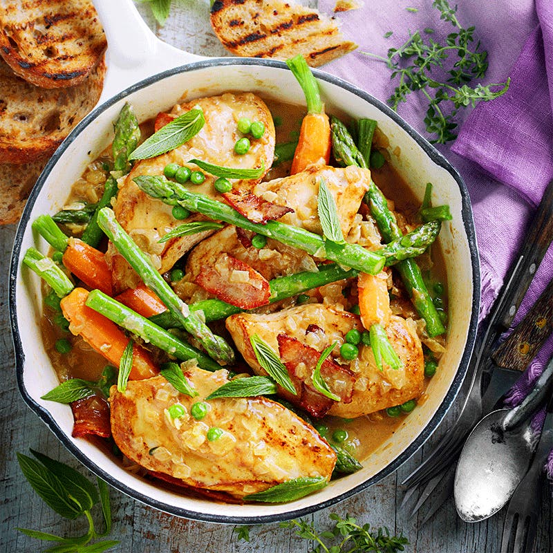 Braised chicken with garden veggies and mint
