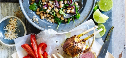 Indian-spiced lamb rack with coconut and chickpea salad
