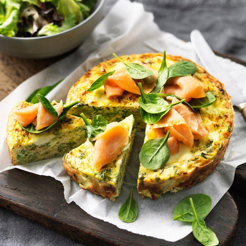 Broccoli, leek and smoked salmon frittata