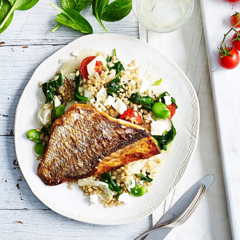 Photo of Snapper with warm barley, fennel and broad bean salad by WW