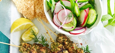 Pork souvlaki with dill and cucumber salad
