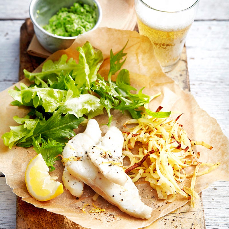 Photo of Baked fish with curly wurly fries and pea puree by WW