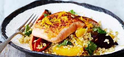 Moroccan salmon with roasted carrot, beetroot and freekeh salad