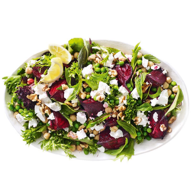 Roasted beetroot, pea, mint and goat’s cheese salad