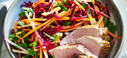 Mustard and rosemary pork with raw beetroot slaw