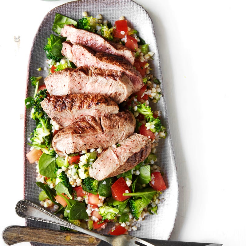 Buckwheat and broccoli tabouleh with grilled sumac lamb
