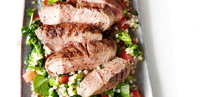 Buckwheat and broccoli tabouleh with grilled sumac lamb