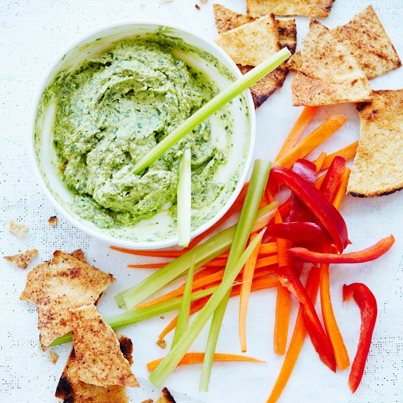 Basil, bean and feta dip with pita chips