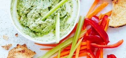 Basil, bean and feta dip with pita chips