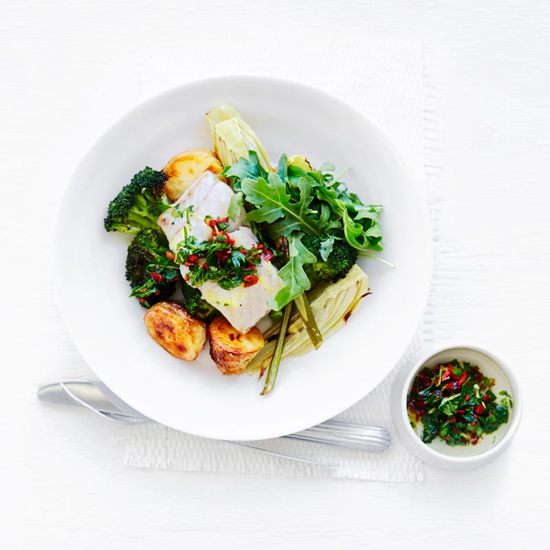 Photo of Oven roasted fish and veggies with lemon and chilli dressing by WW