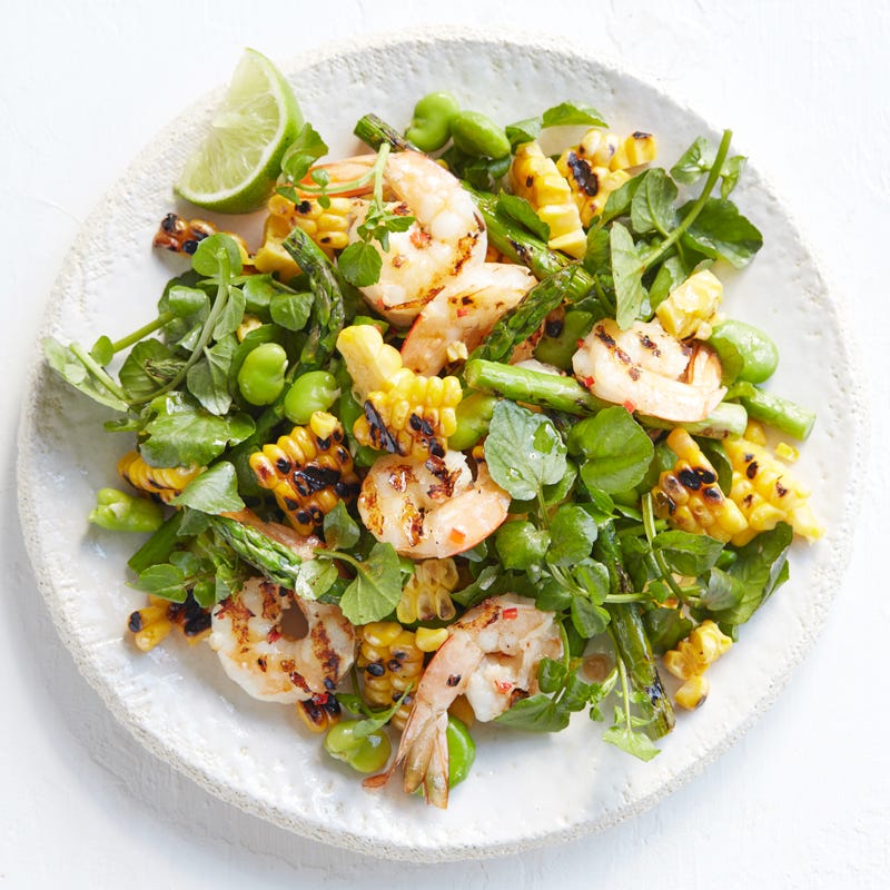 Photo of Prawn salad with broad beans, charred corn, watercress and chipotle dressing by WW