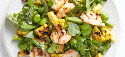 Prawn salad with broad beans, charred corn, watercress and chipotle dressing