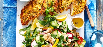 Quinoa and herb schnitzel with fattoush