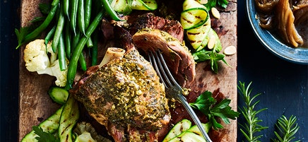 Slow-roasted lamb leg with rosemary and caper crust