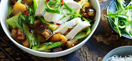 Star anise and ginger poached chicken with garlic eggplant