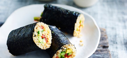 Quinoa nori rolls with spicy salmon and avocado
