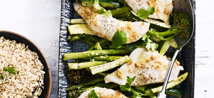 One pan roasted mustard ginger fish with greens