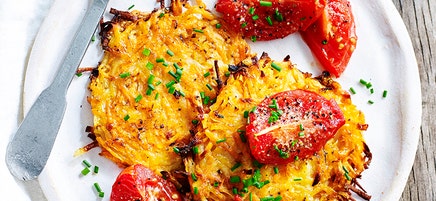 Sweet potato hash browns with roasted tomatoes