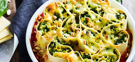 Pumpkin, spinach, ricotta and pine nut rotolo