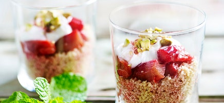 Breakfast couscous with yoghurt and rosewater rhubarb