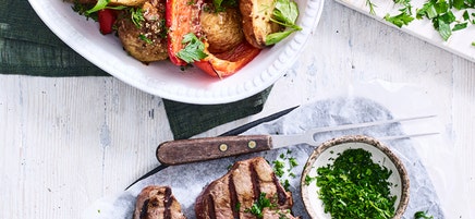 Grilled beef fillet with roasted potato salad