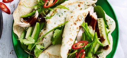 Hoisin chicken crepes with cucumber salad