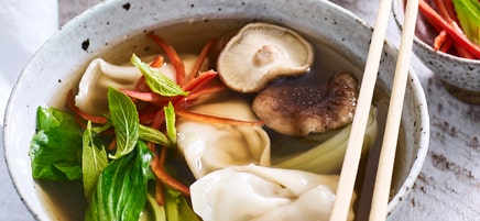 Pork and prawn dumplings in chicken broth