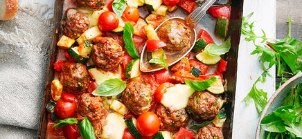Meatball, tomato and bocconcini tray bake