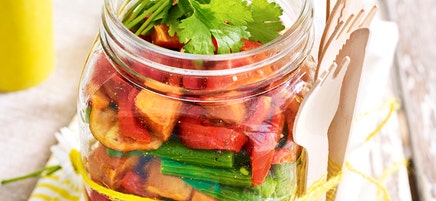 Roasted kumara salad with green beans, roasted capsicum and mustard seeds