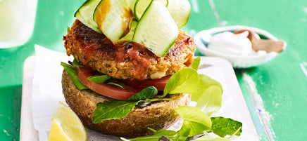 Roasted sweet potato and white bean open burgers