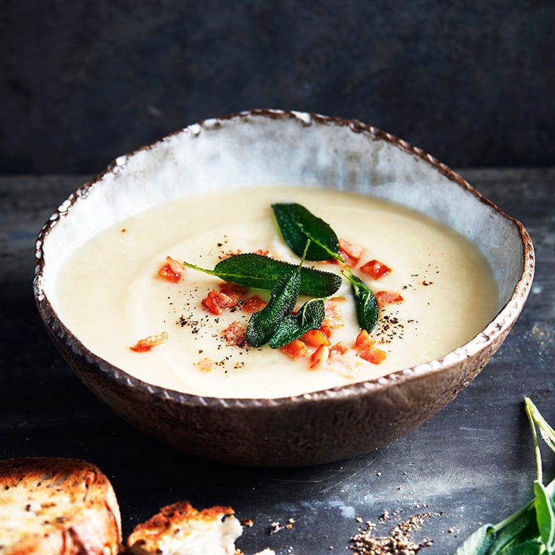 Cauliflower chowder with crispy sage and bacon