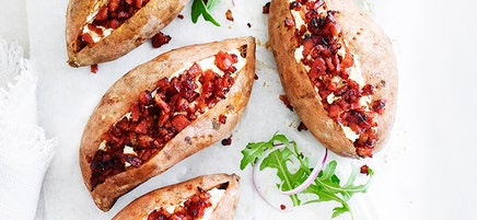 Stuffed sweet potato with chorizo and ricotta
