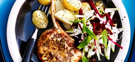 Caraway pork cutlet with apple beetroot slaw