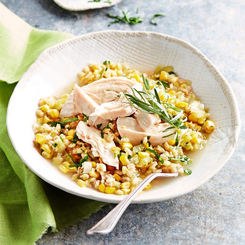 Photo of Poached chicken with leek, sweet corn and tarragon pearl barley stew by WW