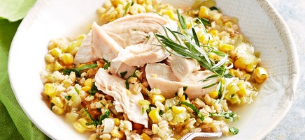 Poached chicken with leek, sweet corn and tarragon pearl barley stew