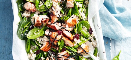 Buckwheat salad with salmon, edamame and ginger dressing