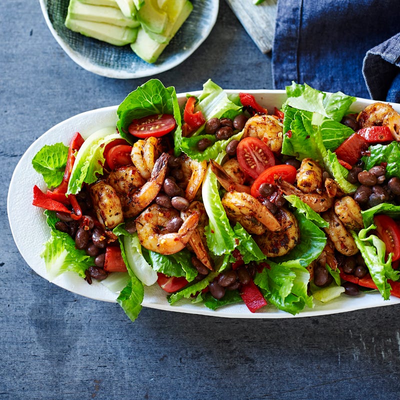 Creole prawn salad with black bean salad