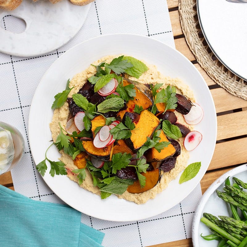 Roasted beetroot and pumpkin salad with hummus