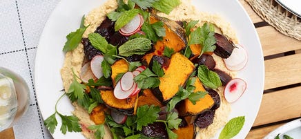 Roasted beetroot and pumpkin salad with hummus