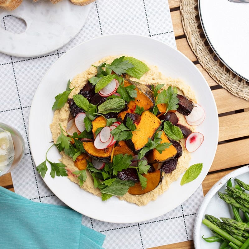 Roasted beetroot and pumpkin salad with hummus