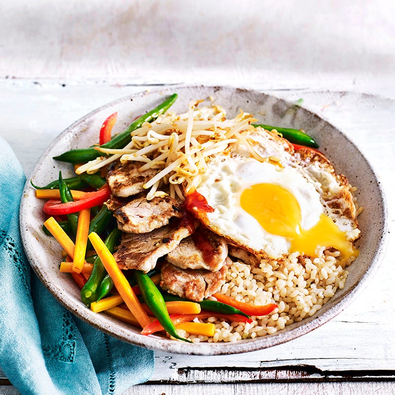 Photo of Bibimbap with garlic pork, sesame sprouts and egg by WW