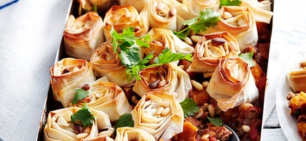 Moroccan-spiced pumpkin and lamb filo pie