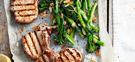 Spanish broccolini with grilled pork cutlets